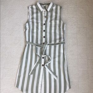 Sage green and white stripe button front shirt dress